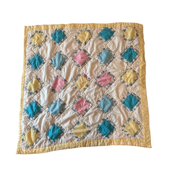 Vintage Handmade Patchwork Baby Quilt Yellow Pink Blue Squares Cotton - Picture 1 of 6